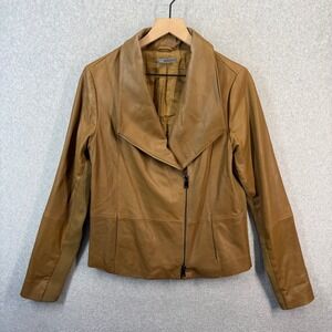 Vince Tan Brown Goat Leather Asymmetrical Zip Jacket Ribbed Knit Trim XL